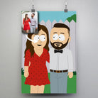 Portrait personnalisé style South Park en affiche suspendue par des pinces sur un mur gris