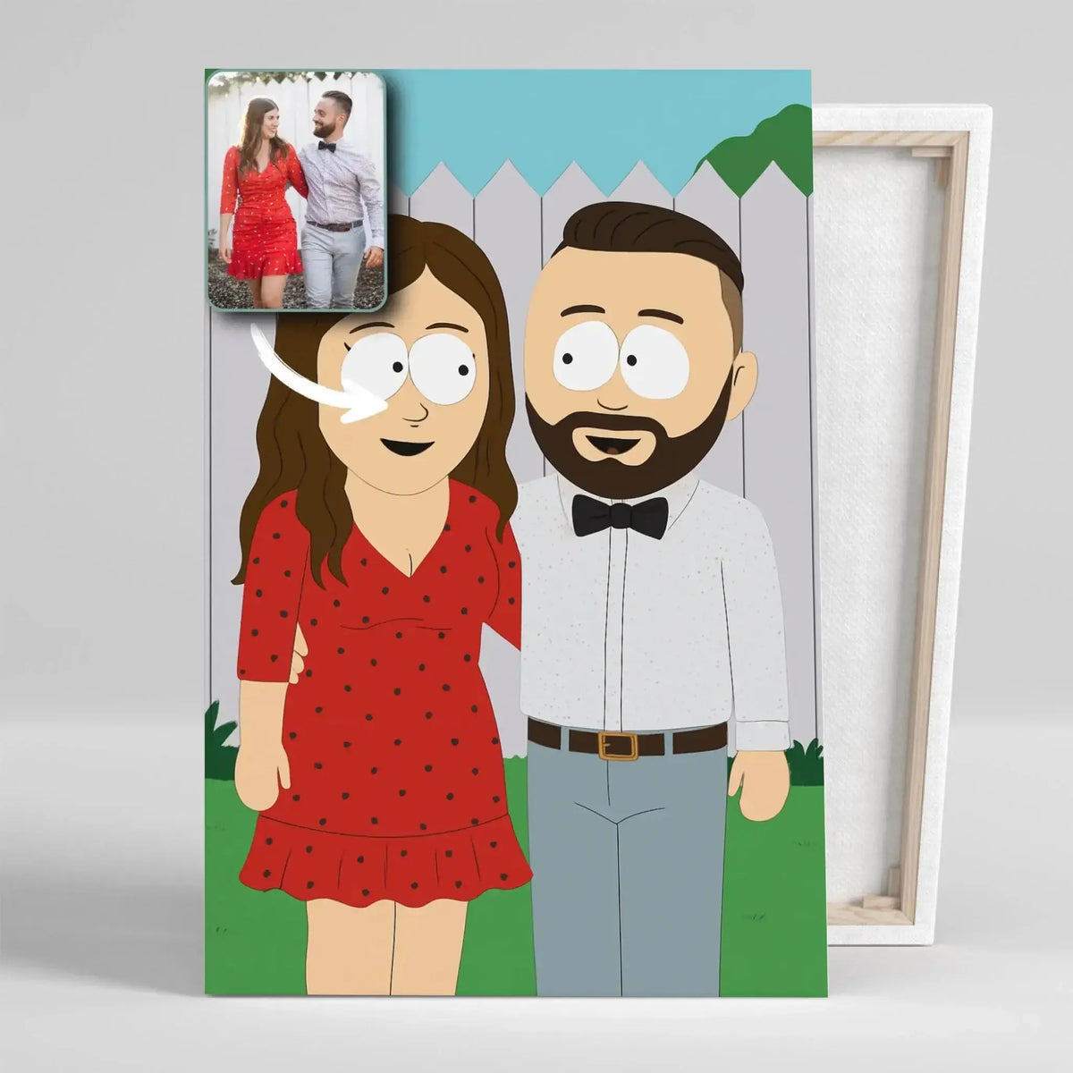 Portrait personnalisé style South Park sur toile, vue montrant l'épaisseur du châssis
