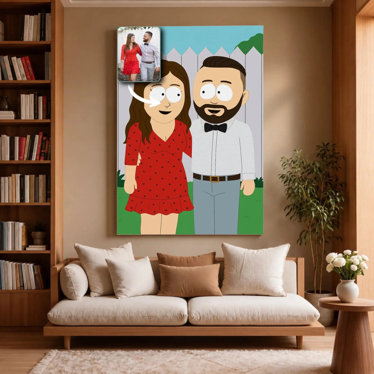 Portrait personnalisé style South Park sur toile, accroché dans un salon avec bibliothèque