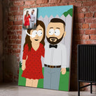 Portrait personnalisé style South Park sur toile, posé au sol contre un mur de briques rouges