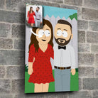 Portrait personnalisé style South Park en verre acrylique, fixé sur un mur de pierre