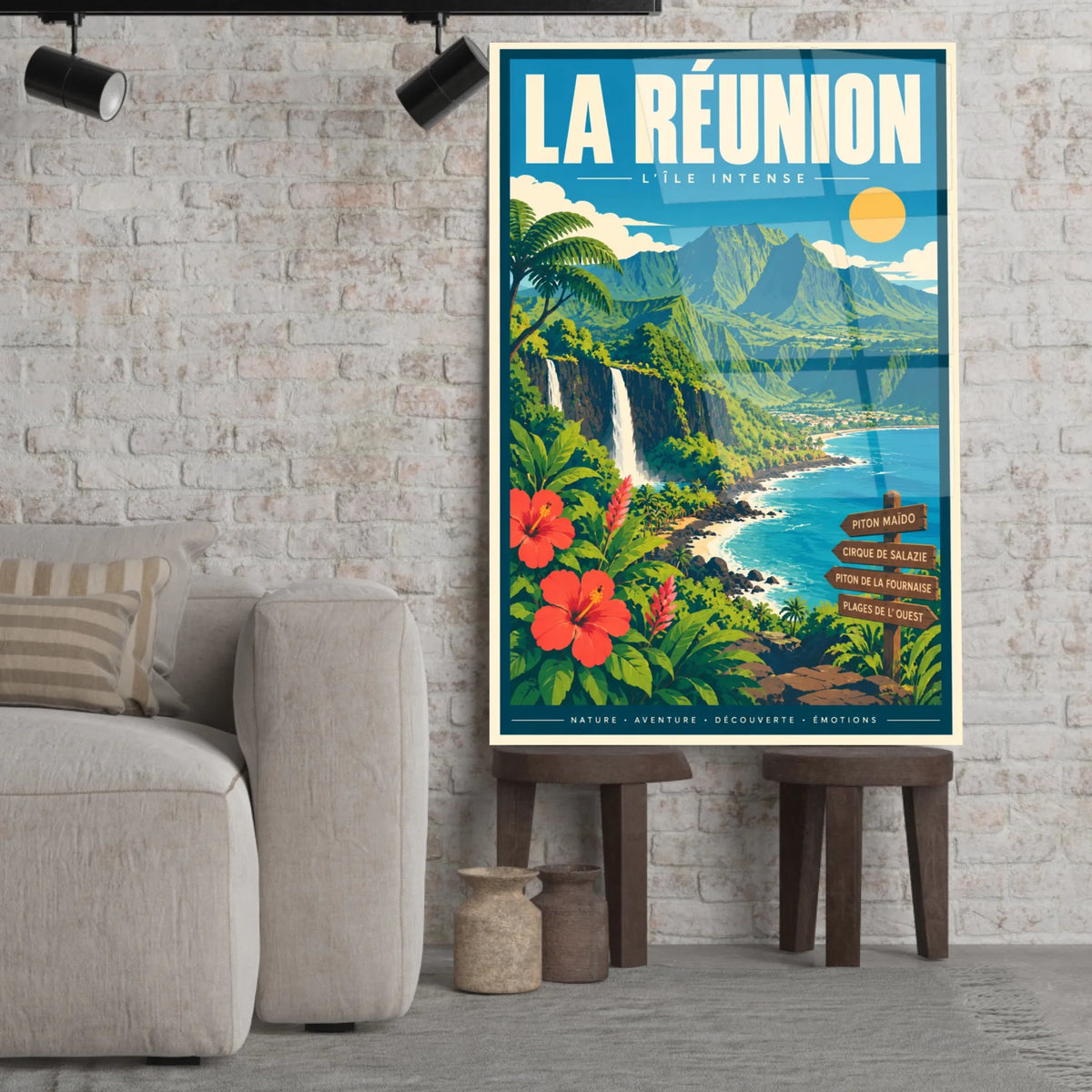 Tableau verre acrylique La Réunion, gros plan incliné
