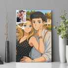 Tableau photo personnalisé style anime japonais manga encadré, portrait de couple près de plantes