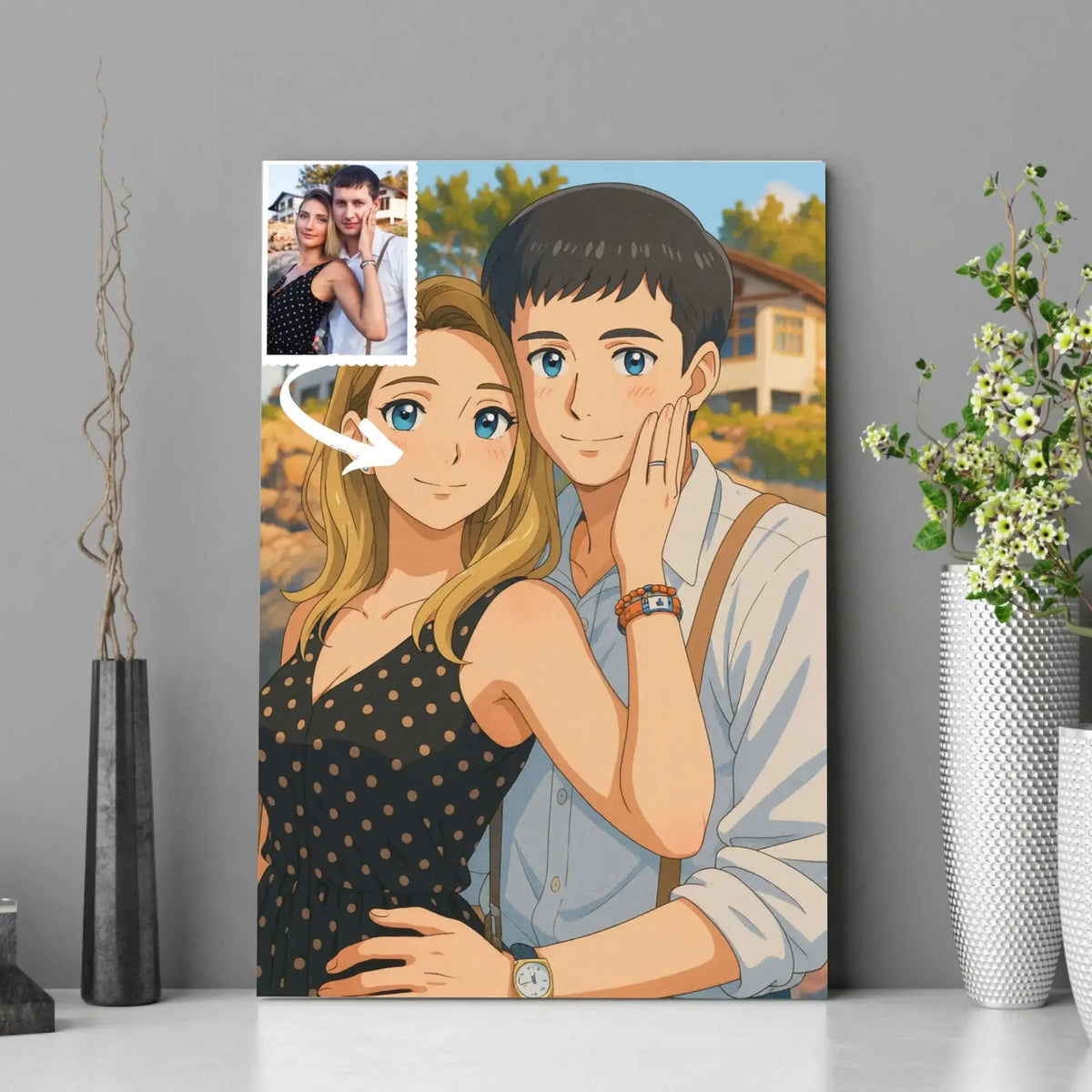 Tableau photo personnalisé style anime japonais manga encadré, portrait de couple près de plantes