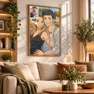 Tableau toile style anime japonais manga accroché au mur, portrait de couple, bibliothèque
