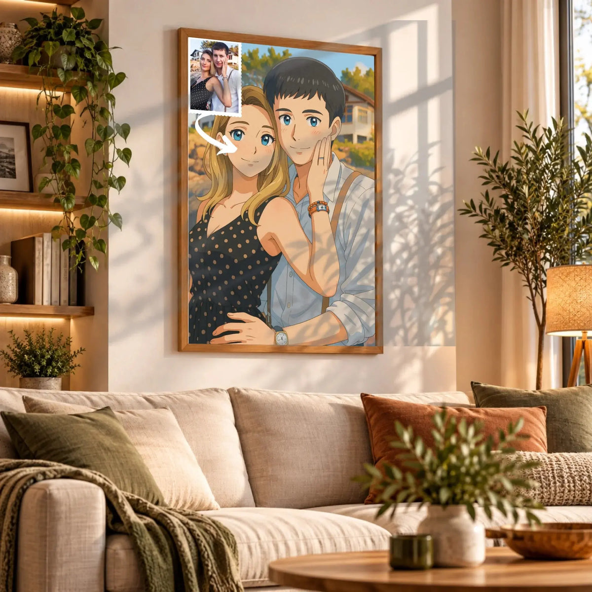 Tableau toile style anime japonais manga accroché au mur, portrait de couple, bibliothèque