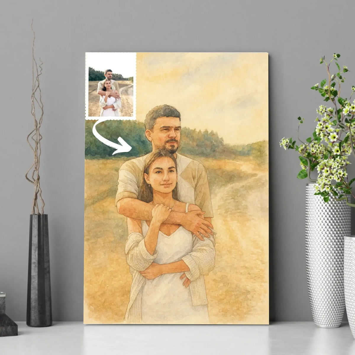 Tableau photo personnalisé effet peinture aquarelle encadré, portrait de couple près de plantes