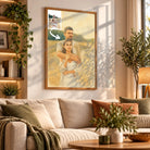 Tableau toile effet peinture aquarelle accroché au mur, portrait de couple, bibliothèque
