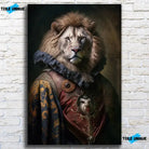 Tableau Aristocratique Lion Royal en Tenue d'Époque sur toile, accroché sur un mur de briques blanches