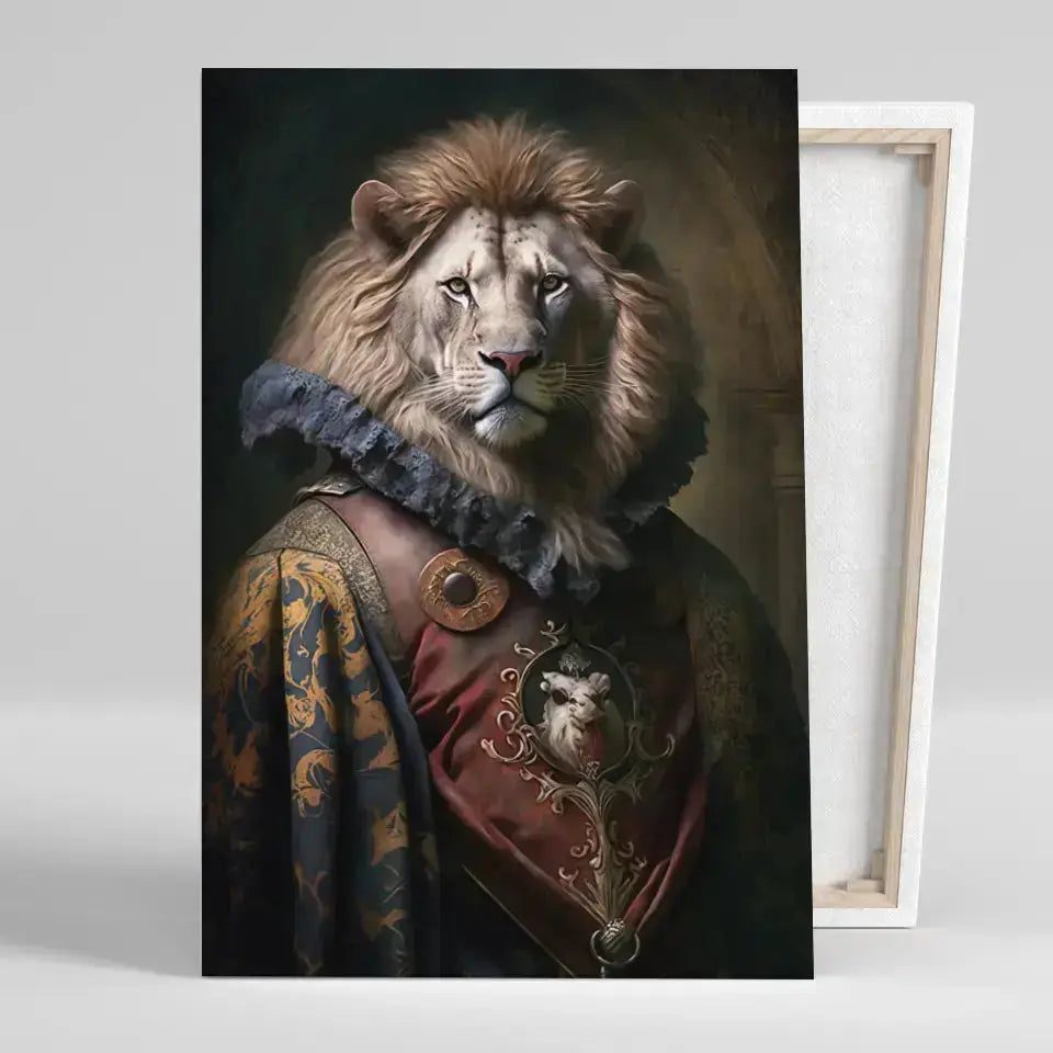 Tableau Aristocratique Lion Royal en Tenue d'Époque sur toile, vue montrant l'épaisseur du châssis