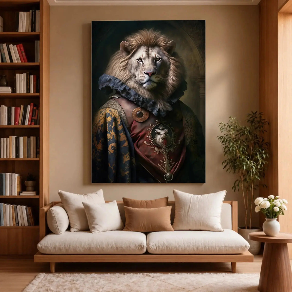 Tableau Aristocratique Lion Royal en Tenue d'Époque sur toile, accroché dans un salon avec bibliothèque