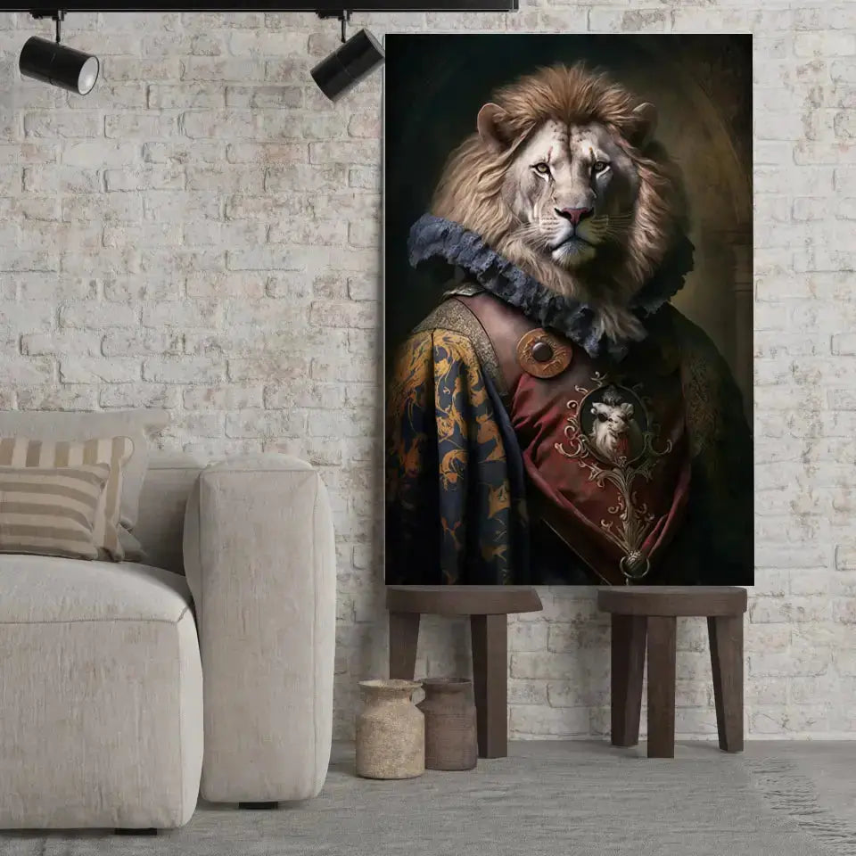 Tableau Aristocratique Lion Royal en Tenue d'Époque sur toile, posé sur des tabourets devant un mur de briques