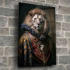 Tableau Aristocratique Lion Royal en Tenue d'Époque en verre acrylique, fixé sur un mur de pierre