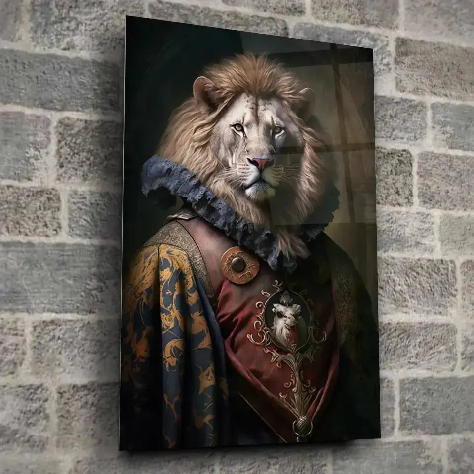 Tableau Aristocratique Lion Royal en Tenue d'Époque en verre acrylique, fixé sur un mur de pierre
