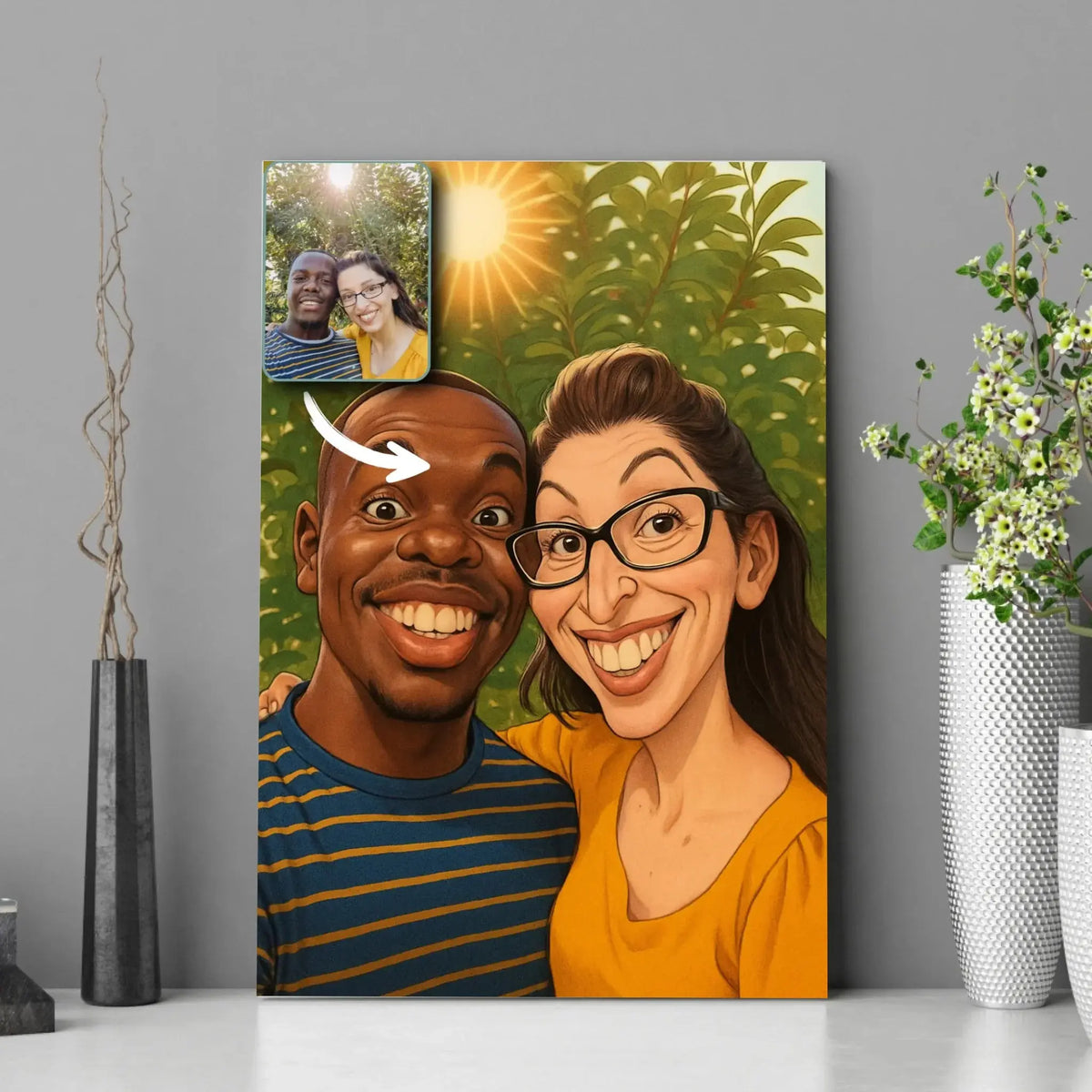 Tableau photo personnalisé style caricature encadré, portrait de couple près de plantes