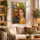 Tableau toile style caricature accroché au mur, portrait de couple, bibliothèque