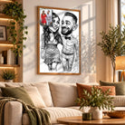 Tableau toile style caricature noir et blanc accroché au mur, portrait de couple, bibliothèque