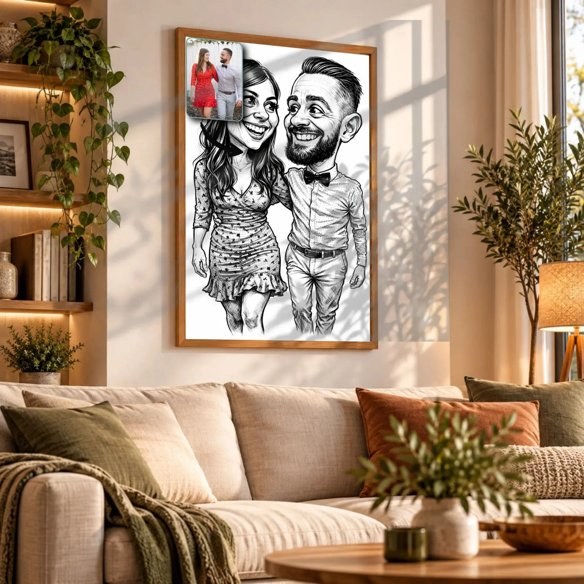 Tableau toile style caricature noir et blanc accroché au mur, portrait de couple, bibliothèque