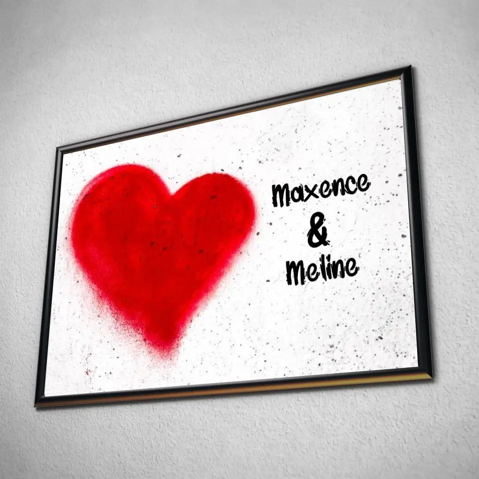Tableau cœur mural personnalisé couple dans un cadre noir, incliné