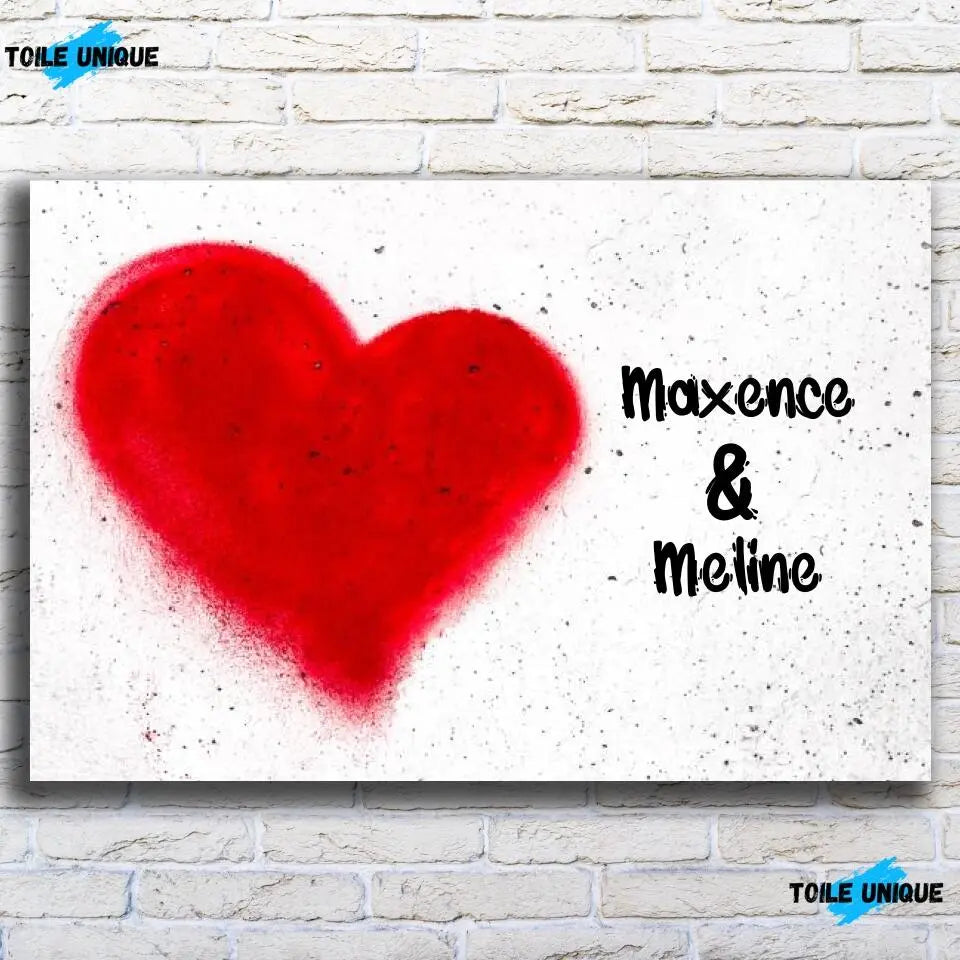 Tableau cœur mural personnalisé couple, vue de face sur mur de briques blanches