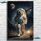 Tableau Cosmique Lion Astronaute sur toile, accroché sur un mur de briques blanches