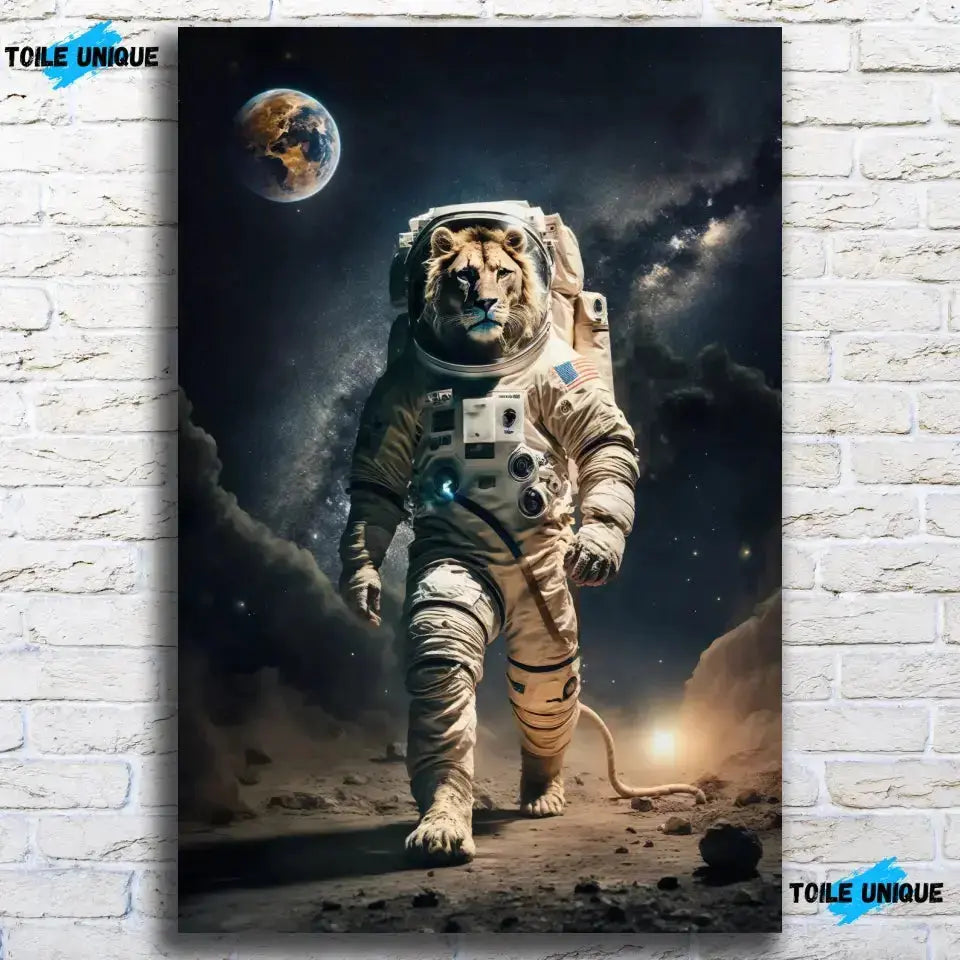 Tableau Cosmique Lion Astronaute sur toile, accroché sur un mur de briques blanches
