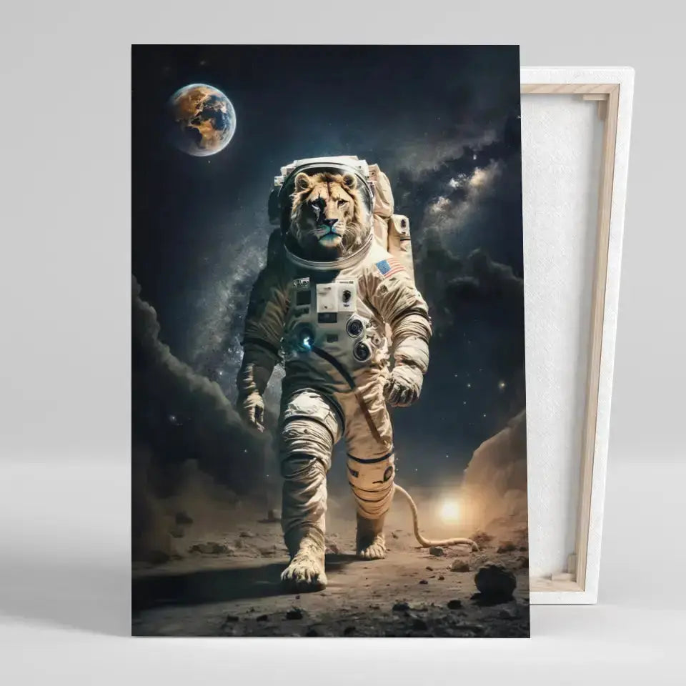 Tableau Cosmique Lion Astronaute sur toile, vue montrant l'épaisseur du châssis