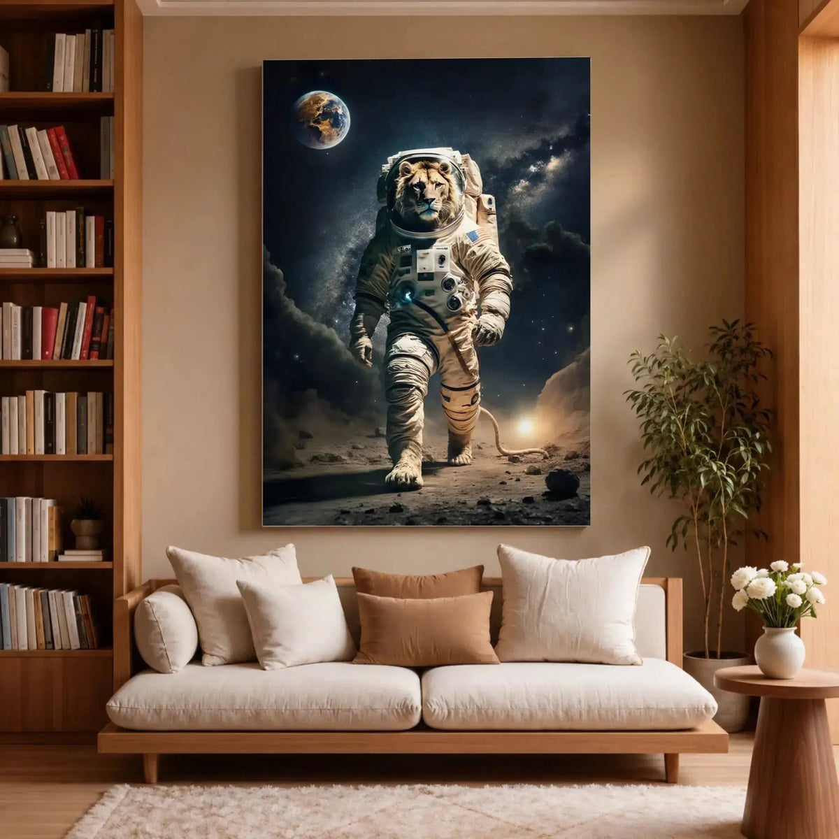 Tableau Cosmique Lion Astronaute sur toile, accroché dans un salon avec bibliothèque