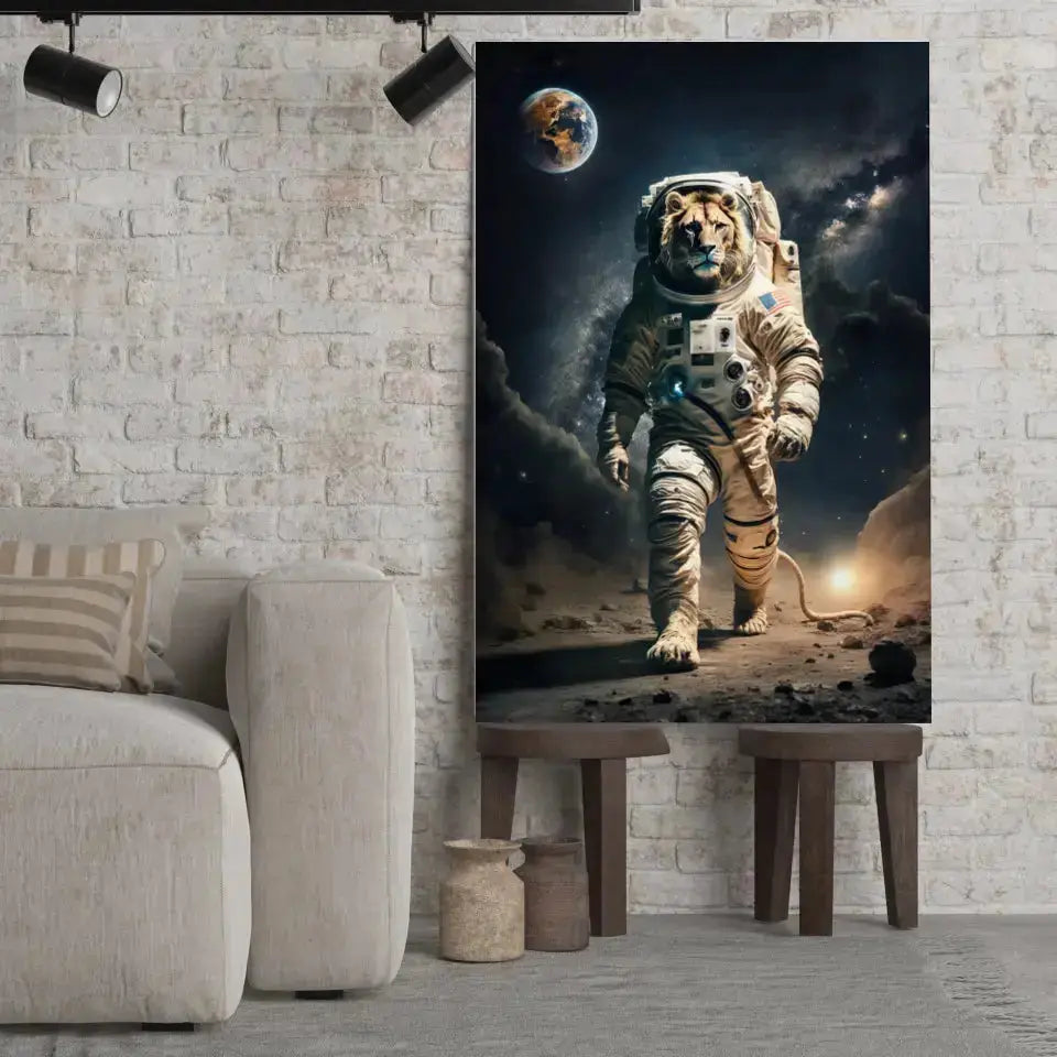 Tableau Cosmique Lion Astronaute sur toile, posé sur des tabourets devant un mur de briques