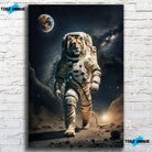 Tableau Cosmique Lion Astronaute en verre acrylique, sur un mur de briques blanches