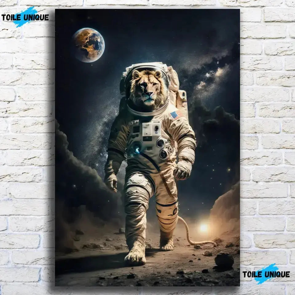 Tableau Cosmique Lion Astronaute en verre acrylique, sur un mur de briques blanches