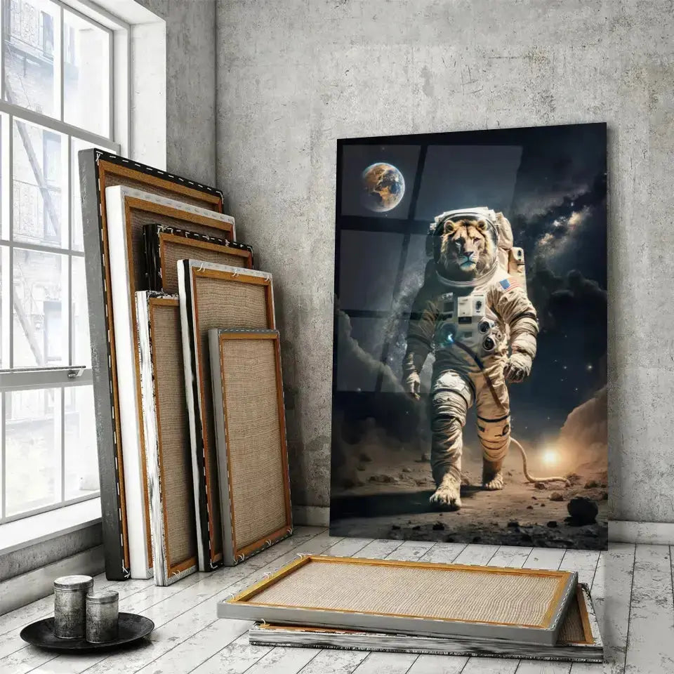 Tableau Cosmique Lion Astronaute en verre acrylique, posé devant des cadres empilés