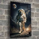 Tableau Cosmique Lion Astronaute en verre acrylique, fixé sur un mur de pierre