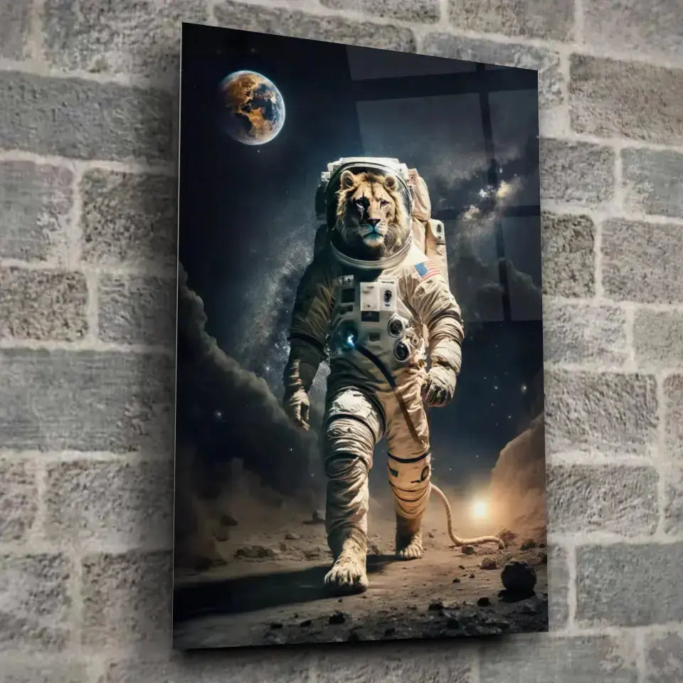 Tableau Cosmique Lion Astronaute en verre acrylique, fixé sur un mur de pierre