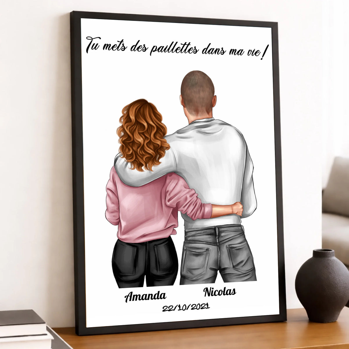 Tableau couple personnalisé homme et femme en affiche encadrée noire, gros plan