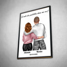 Tableau couple personnalisé homme et femme en affiche encadrée noire, vue inclinée sur un mur gris