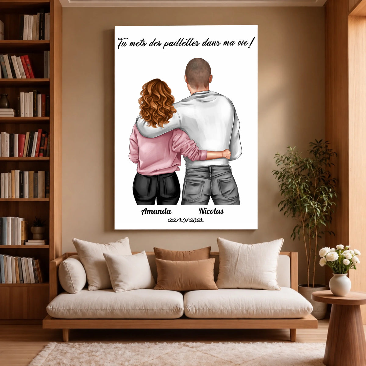 Tableau couple personnalisé homme et femme sur toile, accroché dans un salon avec bibliothèque