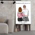 Tableau couple personnalisé homme et femme en verre acrylique, posé sur des tabourets devant un mur de briques (vue 2)