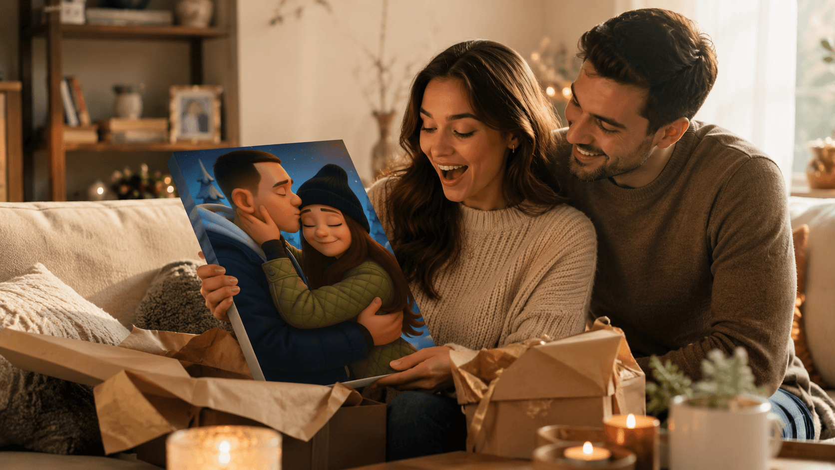 Femme recevant un tableau couple personnalisé en cadeau, illustration style film d'animation