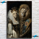 Tableau de Mariage Royal Lion et Lionne sur toile, accroché sur un mur de briques blanches