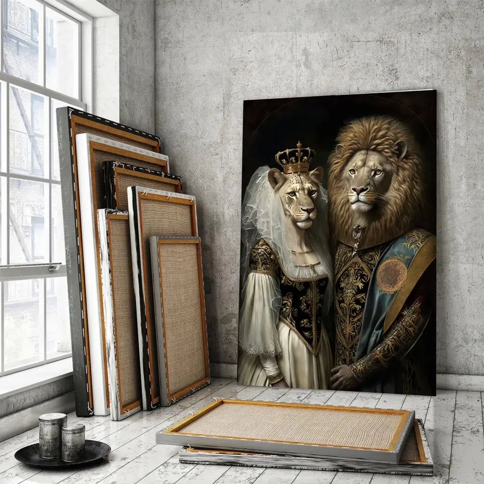 Tableau de Mariage Royal Lion et Lionne sur toile, posé devant des cadres empilés près d'une fenêtre