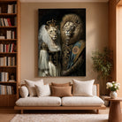 Tableau de Mariage Royal Lion et Lionne sur toile, accroché dans un salon avec bibliothèque