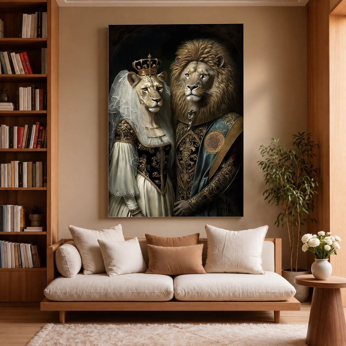 Tableau de Mariage Royal Lion et Lionne sur toile, accroché dans un salon avec bibliothèque