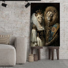 Tableau de Mariage Royal Lion et Lionne sur toile, posé sur des tabourets devant un mur de briques