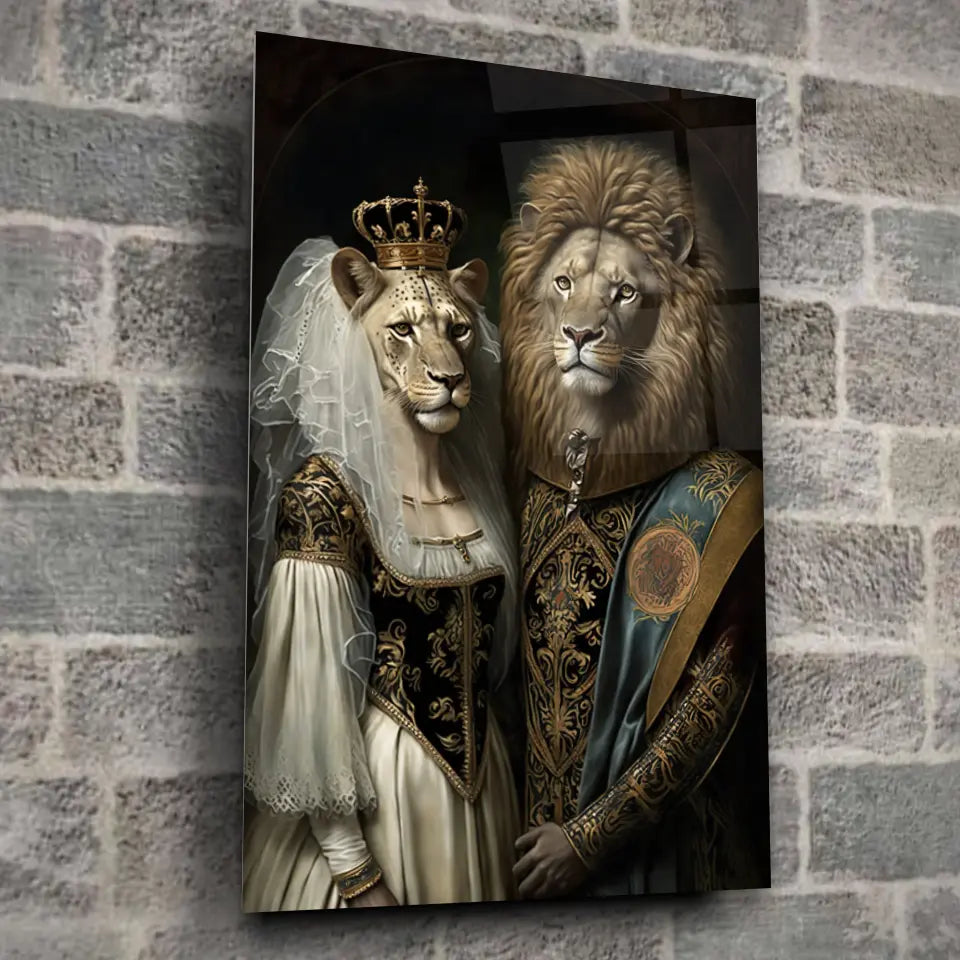 Tableau de Mariage Royal Lion et Lionne en verre acrylique, fixé sur un mur de pierre