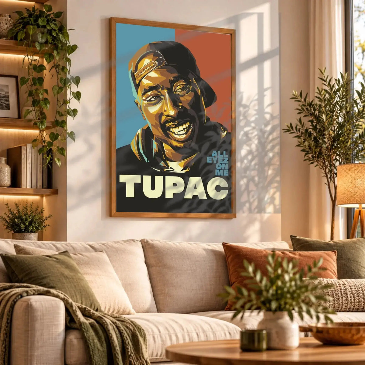 Tableau Décoratif 2Pac All Eyez On Me en affiche encadrée bois dans un salon