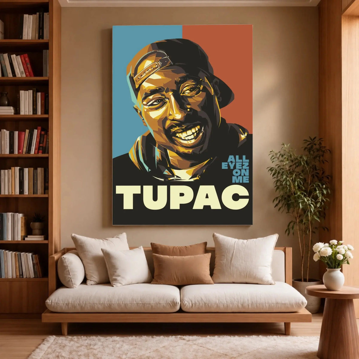 Tableau Décoratif 2Pac All Eyez On Me sur toile, accroché dans un salon avec bibliothèque