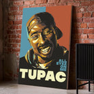 Tableau Décoratif 2Pac All Eyez On Me sur toile, posé au sol contre un mur de briques rouges