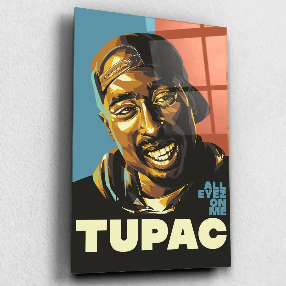Tableau Décoratif 2Pac All Eyez On Me en verre acrylique, vue inclinée sur fond clair