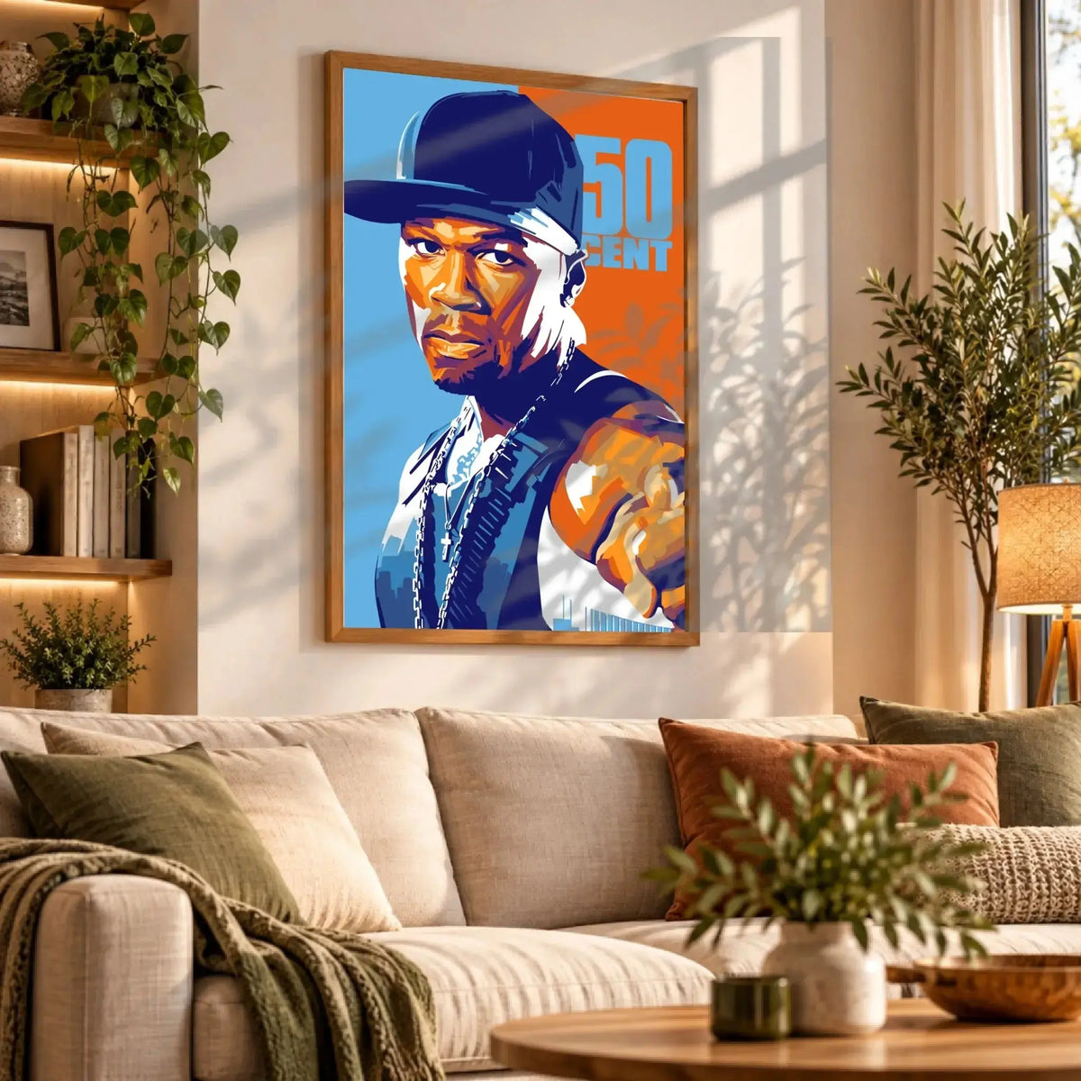 Tableau Décoratif 50Cent en affiche encadrée bois dans un salon